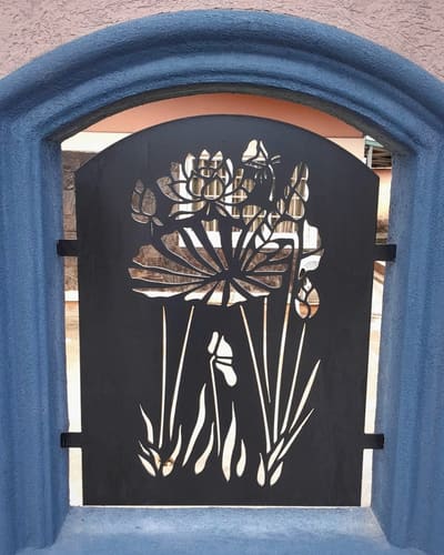 Burglar-proof window panel with lotus flowers cut through the steel