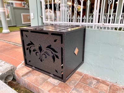 Bin enclosure, floral. Custom Metalwork by Nair Smart Solutions